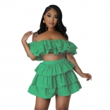 Green Boat-Neck Foral Fashion Women Short Sets