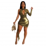 Golden Long Sleeve Deep V-Neck Hollow-out Sexy Party Dress