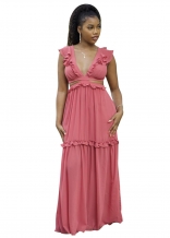 Pink Deep V-Neck Foral Fashion Women Long Dress