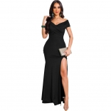 Black Low-Cut Pleated Fashion Evening Women Long Dress