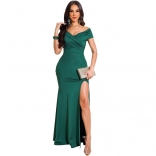Green Low-Cut Pleated Fashion Evening Women Long Dress