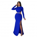 Blue Long Sleeve O-Neck Hollow-out Sexy Slit Bodycon Women Evening Long Dress