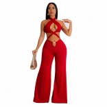 Red Sleeveless V-Neck Bandage Hollow-out Women Jumpsuit