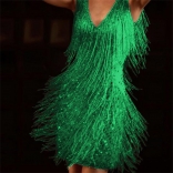 Green V-Neck Sequin Tassels Fashion Mini Dress