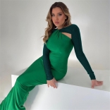 Green Diamond Long Sleeve Bodycon Fashion Women Midi Dress