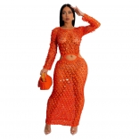 Orange Long Sleeve Hollow-out Sequin Bodycon Midi Dress