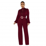 WineRed Belt Lace Cut Out Fashion Women Long Sleeve Sexy Jumpsuit