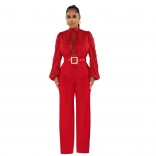 Red Belt Lace Cut Out Fashion Women Long Sleeve Sexy Jumpsuit
