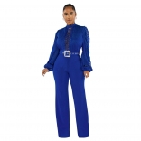 Blue Belt Lace Cut Out Fashion Women Long Sleeve Sexy Jumpsuit
