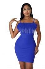 Blue Boat-Neck Straps Rhinestone Tassels Feather Party Dress