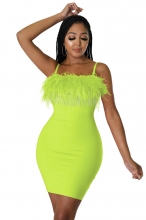 Green Boat-Neck Straps Rhinestone Tassels Feather Party Dress