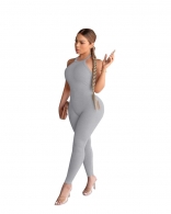 Gray Halter Neck Cotton Backless Bodycon Sexy Jumpsuit