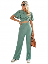 Green Short Sleeve Hollow-out Lace Fashion Jumpsuit Sets