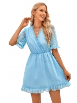 Blue Short Sleeve Mesh Chiffion Women Skirt Dress