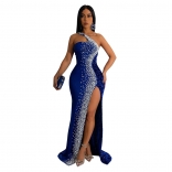 Blue Fashion Women's Solid Color Hot Diamond Sequins Sleeveless Long Dress Dress