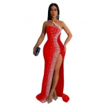 Red Fashion Women's Solid Color Hot Diamond Sequins Sleeveless Long Dress Dress