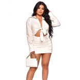 White Hollow Lace Up One Piece Breast Wrap Hip Shirt Dress