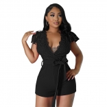Black Lace Deep V-neck Belt Sexy Club Rompers