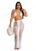 White Women's Casual Sexy Tassel Bra Bandage Midi Dress