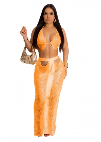 Orange Women's Casual Sexy Tassel Bra Bandage Midi Dress