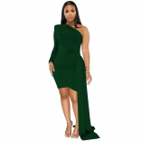 Green Fashionable Single Sleeved Casual Diagonal Collar Dress for Women