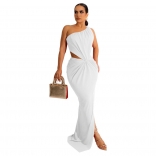 White Sexy Open Waist Slant shoulder long skirt Solid Sleeveless Pleated Dress