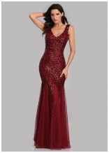 WineRed Low-Cut Straps Mesh Sequin Evening Party Long Dress