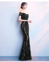 Black Off-Shoulder Mesh V-Neck Sequins Banquet Evening Long Dress