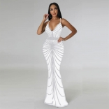 White Rhinestone Cross Strap Floor-Length Gown Evening Dress