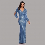 Blue Long Sleeve Sequin Fashion Women Party Fish Tail Evening Dress