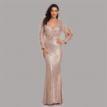 Golden Long Sleeve Sequin Fashion Women Party Fish Tail Evening Dress
