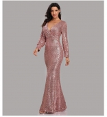 Pink Long Sleeve Sequin Fashion Women Party Fish Tail Evening Dress