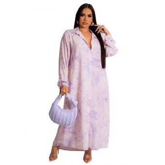 Purple Printed Long Sleeve Button Fashion Women T-Skirt