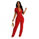 Red Zippered Sexy Bodycon Women Pocket Women Jumpsuit