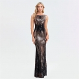 Black Sleeveless Round Neck Mesh Sequin Elegant Party Long Dress