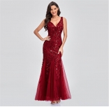 Red Low-Cut V-Neck Sequin Mesh Bodycon Elegant Long Dress