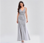 Silver Low-Cut V-Neck Sequin Mesh Bodycon Elegant Long Dress
