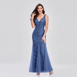 Blue Low-Cut V-Neck Sequin Mesh Bodycon Elegant Long Dress