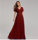 Red Double V-neck Flared Elastic Chiffon Banquet Evening Dress