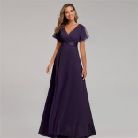 Purple Double V-neck Flared Elastic Chiffon Banquet Evening Dress