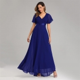 Blue Double V-neck Flared Elastic Chiffon Banquet Evening Dress