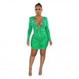 Green Deep V-Neck Long Sleeve Mesh Bodycon Mini Dress
