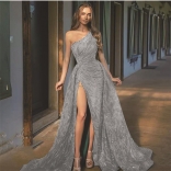 Grey Oblique Shoulder Split Sequin Strap Evening Long Dress