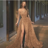 Golden Oblique Shoulder Split Sequin Strap Evening Long Dress