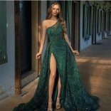 Green Oblique Shoulder Split Sequin Strap Evening Long Dress