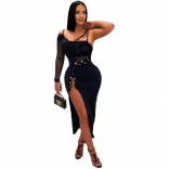 Black Hip Wrap Mesh Off Shoulder Cutout Perspective Pin Decorative Dress