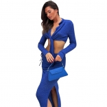 Blue Long Sleeve Deep V-Neck Slit Sexy Midi Dress