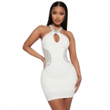 White Skinny Hollow-out Rhinestone Hanging Neck Dress for Women