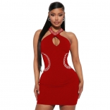 Red Skinny Hollow-out Rhinestone Hanging Neck Dress for Women