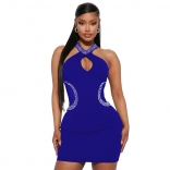 Blue Skinny Hollow-out Rhinestone Hanging Neck Dress for Women